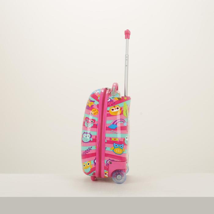 Чемодан детский «Совы на ветке», отдел на молнии, 2 колеса, цвет розовый
