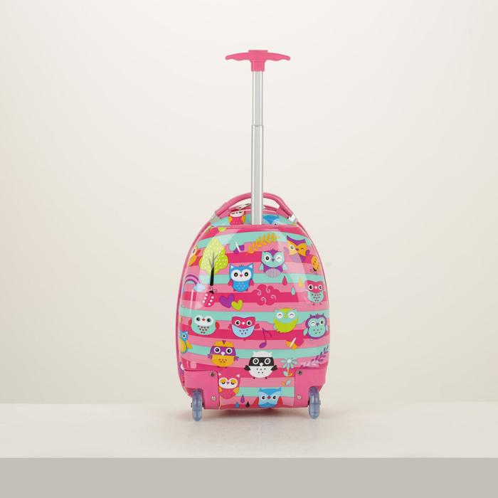 Чемодан детский «Совы на ветке», отдел на молнии, 2 колеса, цвет розовый