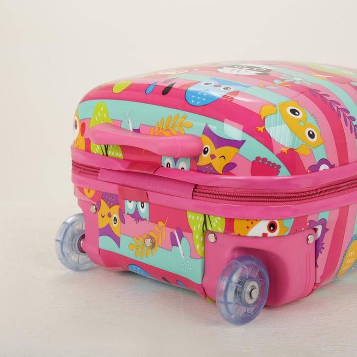 Чемодан детский «Совы на ветке», отдел на молнии, 2 колеса, цвет розовый