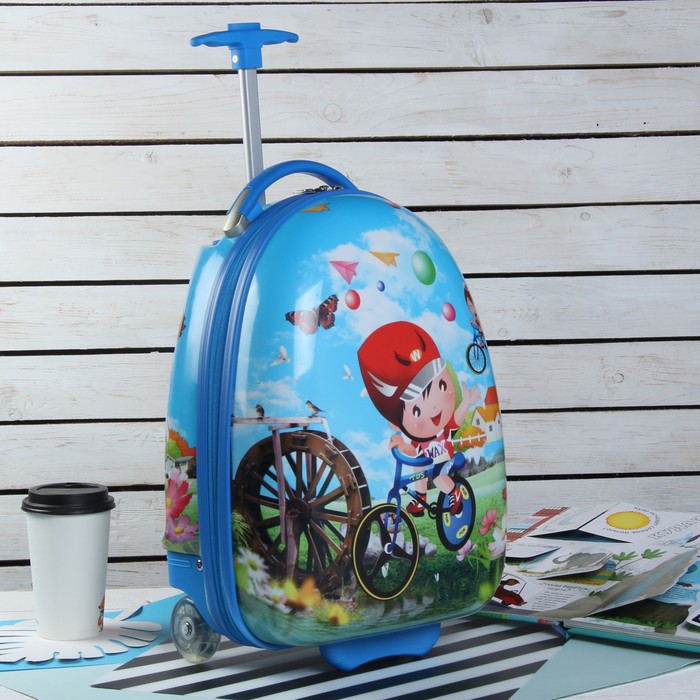 Чемодан детский «Велосипедист», отдел на молнии, 2 колеса, цвет синий