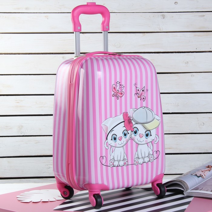 Чемодан детский «Котики» 18", отдел на молнии, 4 колеса, цвет розовый
