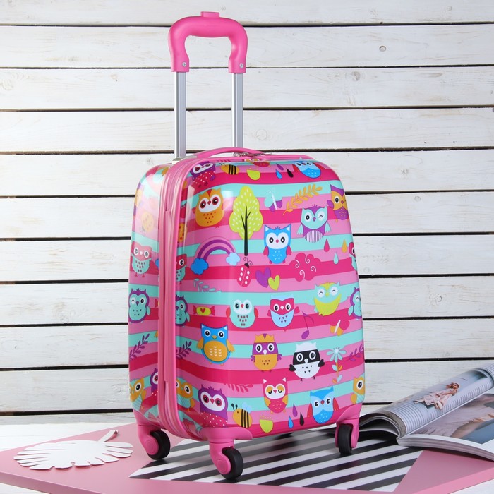 Чемодан детский «Совы на ветке» 18", отдел на молнии, 4 колеса, цвет розовый