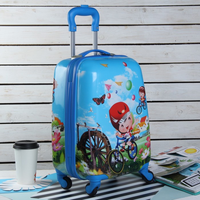 Чемодан детский «Велосипедист» 18", отдел на молнии, 4 колеса, цвет синий