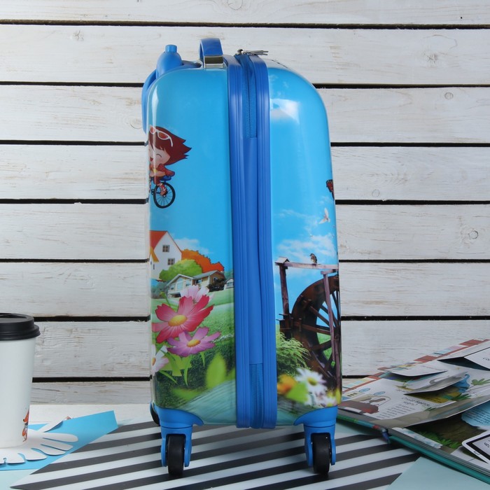 Чемодан детский «Велосипедист» 18", отдел на молнии, 4 колеса, цвет синий