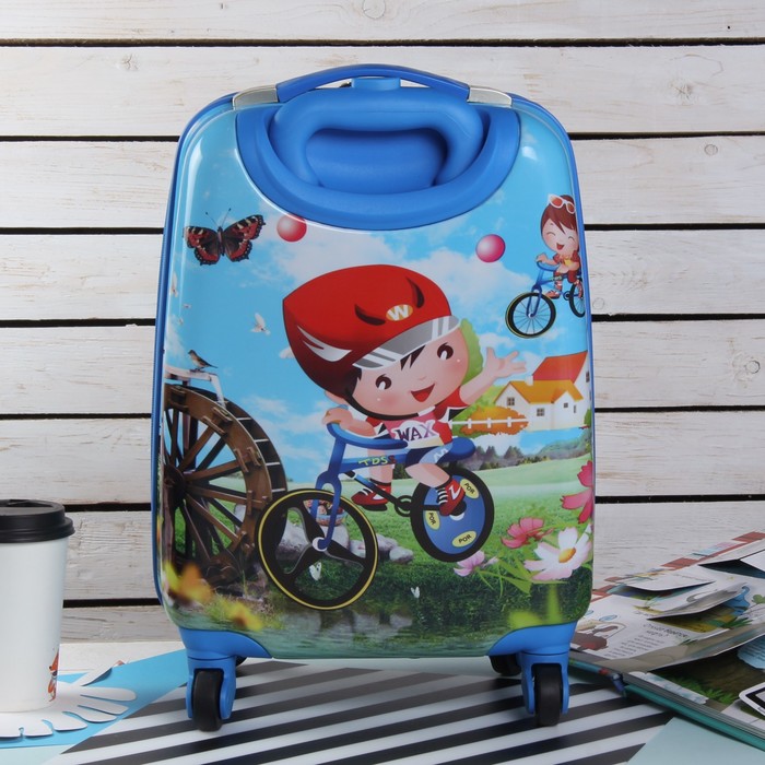 Чемодан детский «Велосипедист» 18", отдел на молнии, 4 колеса, цвет синий