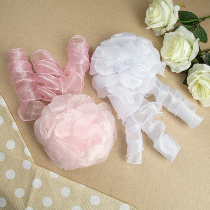 Бант для девочек с резинкой "Персик", с лентами, 18 см, микс