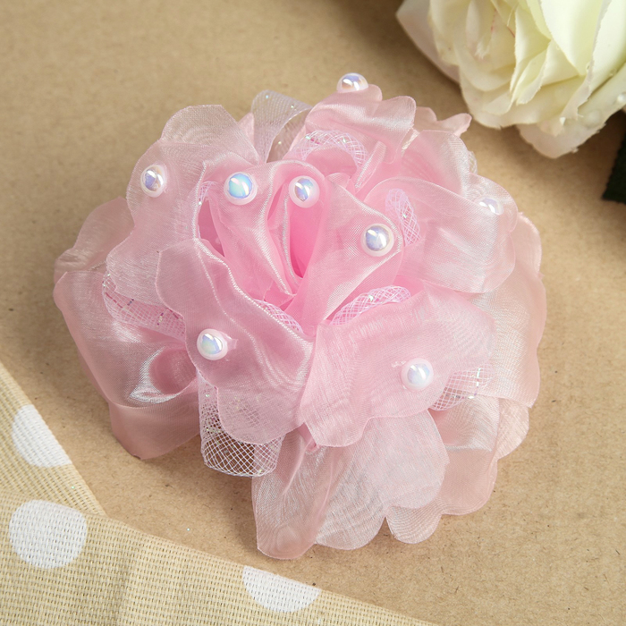 Бант для девочек с резинкой "Ажурный", с бусинами, 14 см, розовый