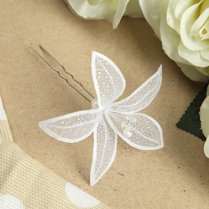 Шпилька для волос "Аленький цветочек", с бусинами, 5 см, белый