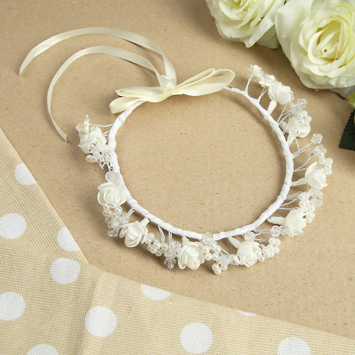Ободок для девочек "Роса", с ленточками, 15 см, белый