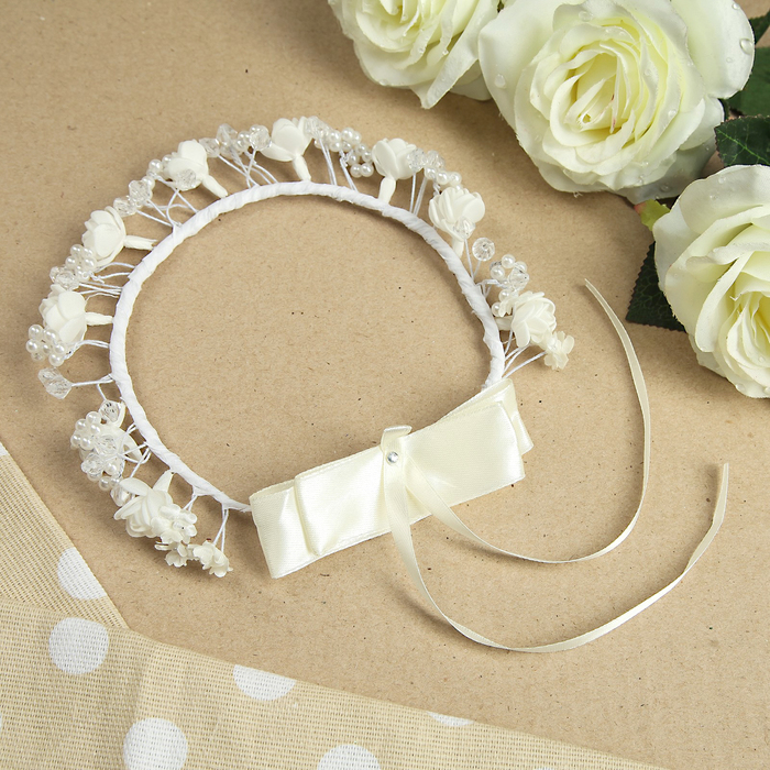 Ободок для девочек "Роса", с ленточками, 15 см, белый