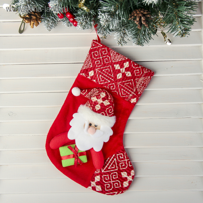 носок для подарков дед мороз блеск снежинка 13х16 см красно зелёный Носок для подарков Подарочек Дед Мороз, 18,5х26 см, красный
