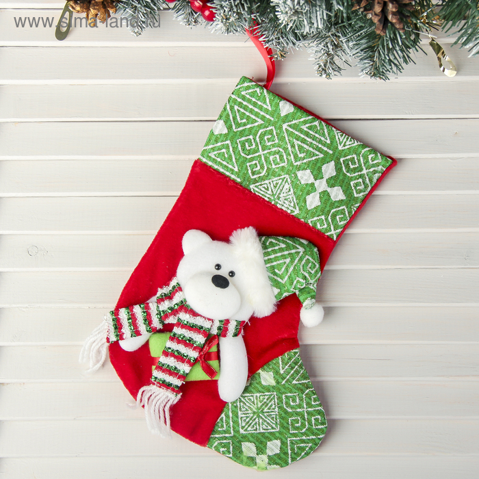 носок для подарков дед мороз клетка 26х36 см красно зелёный Носок для подарков Подарочек медведь, 18,5х26 см, красно-зелёный