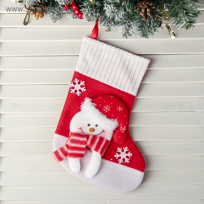 Носок для подарков Снегопад Снеговик, 18х26 см, бело-красный