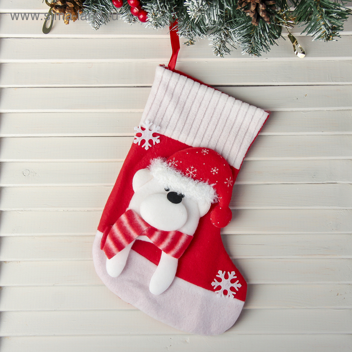 Носок для подарков Снегопад Медведь 18х26 см, бело-красный носок для подарков снегопад снеговик 18х26 см бело красный