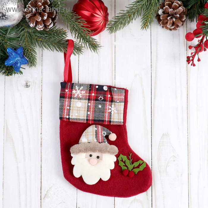 Носок для подарков Рождественская песня Дед Мороз, 13х17 см, красный