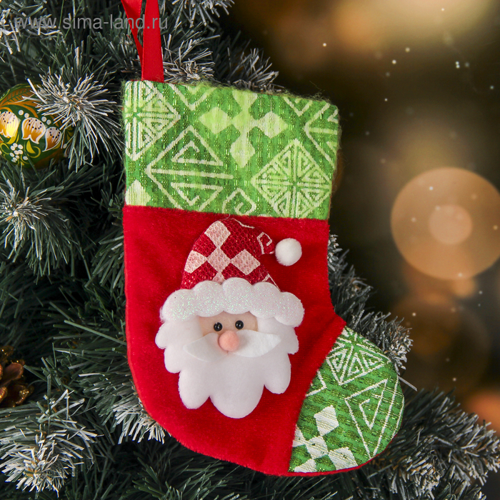 носок для подарков дед мороз блеск снежинка 13х16 см красно зелёный Носок для подарков Ночь перед Рождеством 13*17,5 см, дед мороз, красно-зелёный