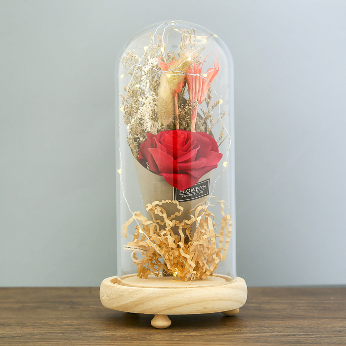 Лампа настольная LED "Колба с розой в букете" 3ААА МИКС 23х11х11 см