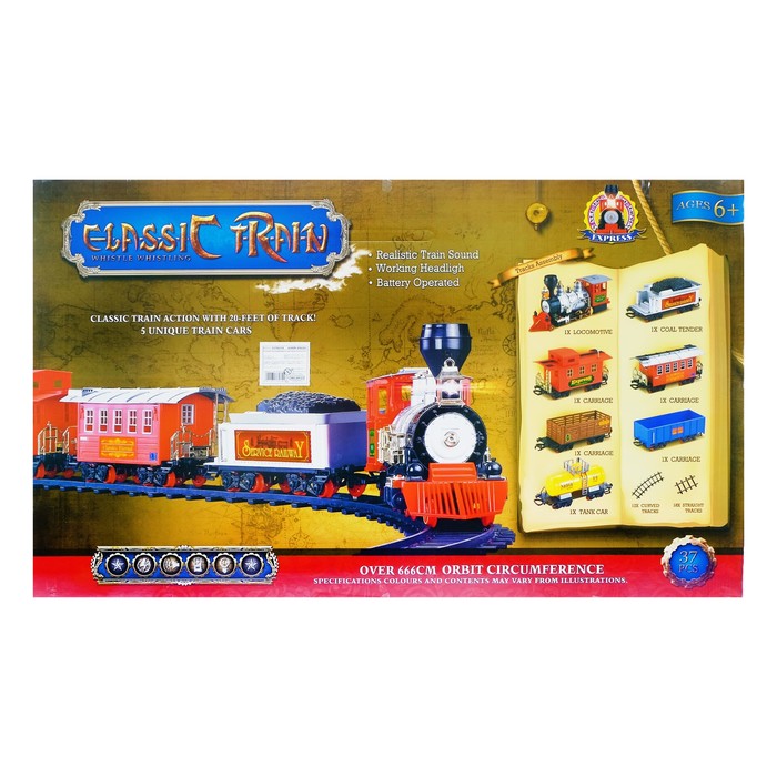 Железная дорога "Классический поезд", работает от батареек, свет и звук