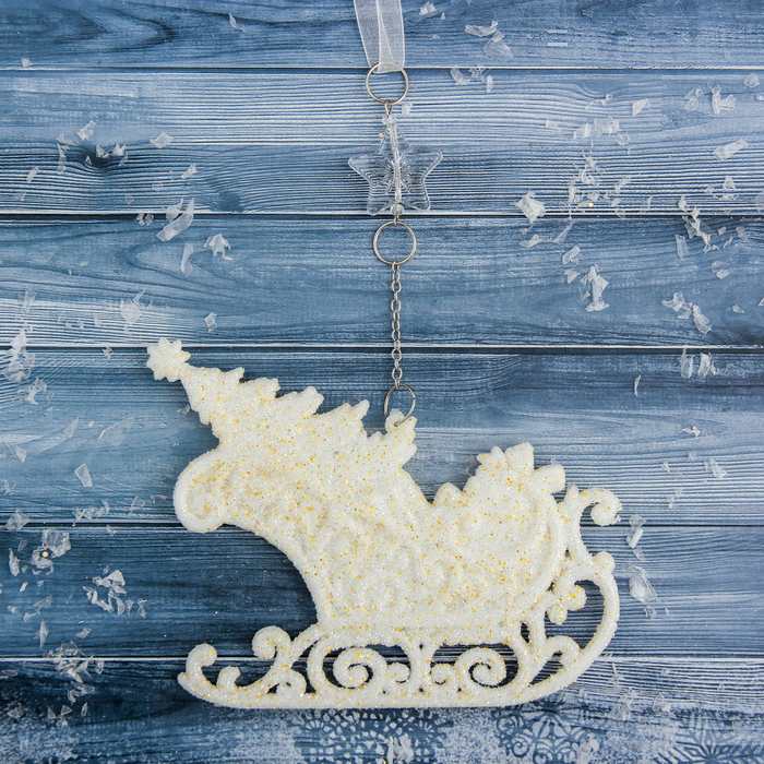 Украшение ёлочное "Сани с ёлкой" белый блеск 13*10 см