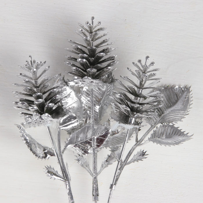 Цветы искусственные блеск "Букет шишек" 4*30 см, серебро