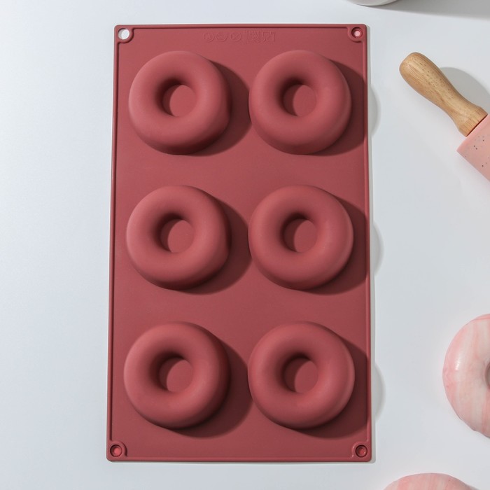 Форма для выпечки Доляна «Сладости.Пончики», силикон, 29×17 см, 6 ячеек, d=6,8 см, цвет МИКС форма силиконовая для шоколада 3d доляна сердце 17×29 см 6 ячеек 8 5×6 2 см цвет микс