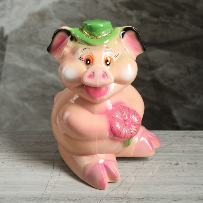 Копилка "Свинка с цветком" персиковый глянец микс