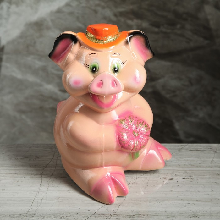 Копилка "Свинка с цветком" персиковый глянец микс