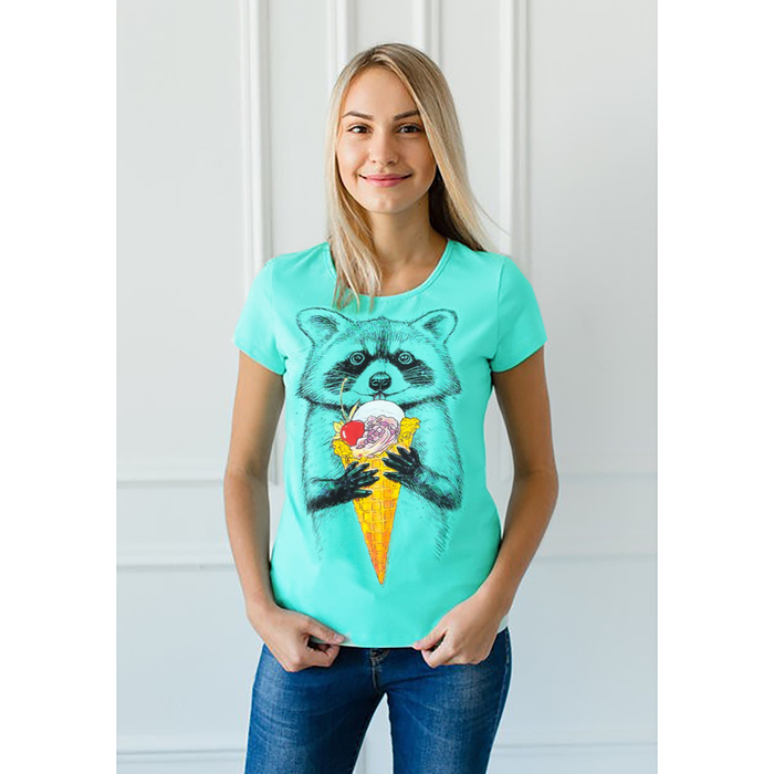 Футболка женская Енот, цвет бирюза, размер 44