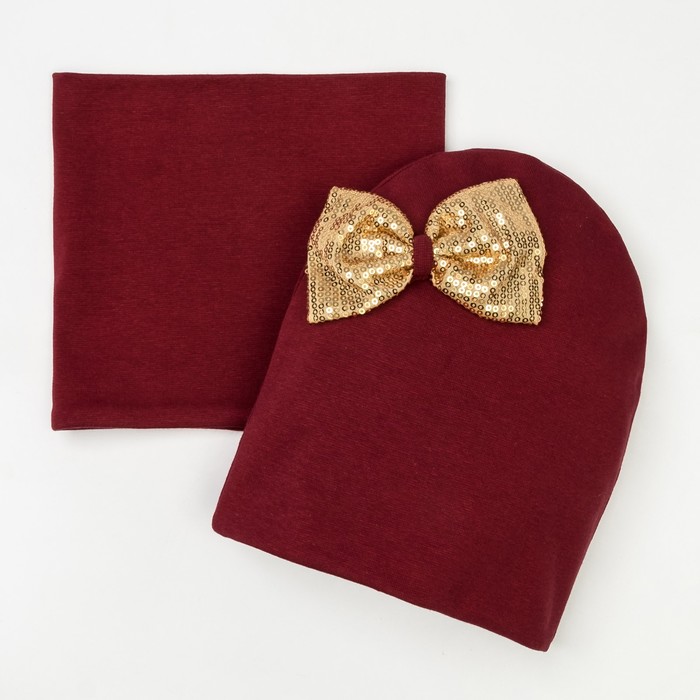 Набор шапка/снуд с бантом из пайеток, бордо, р-р 50/54 см