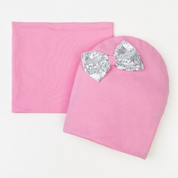 Набор шапка/снуд с бантом из пайеток, розовый, р-р 50/54 см