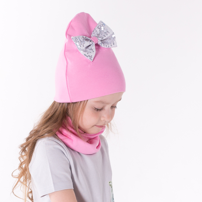 Набор шапка/снуд с бантом из пайеток, розовый, р-р 54/58 см