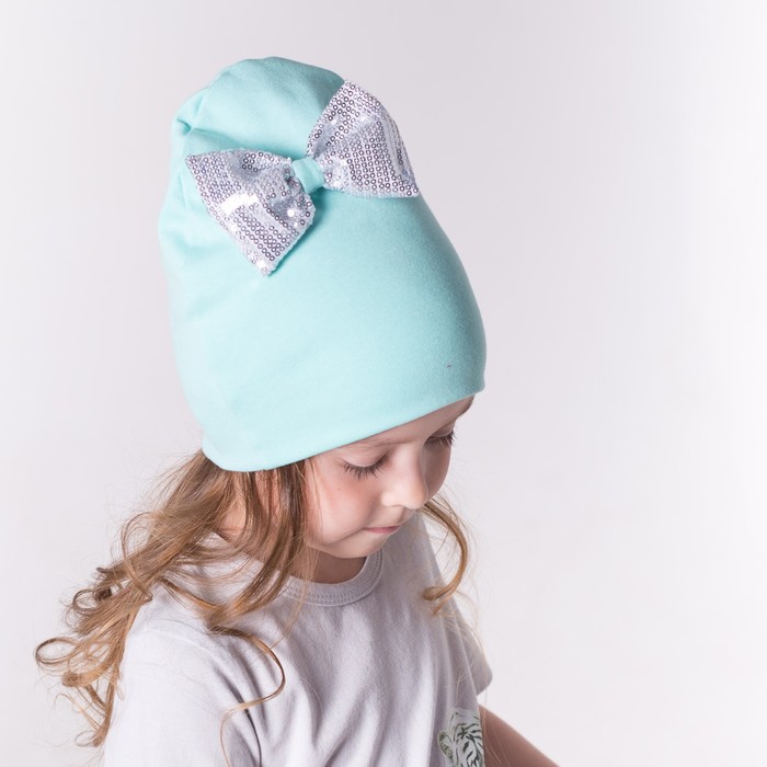 Набор шапка/снуд с бантом из пайеток, мятный, р-р 46/50 см