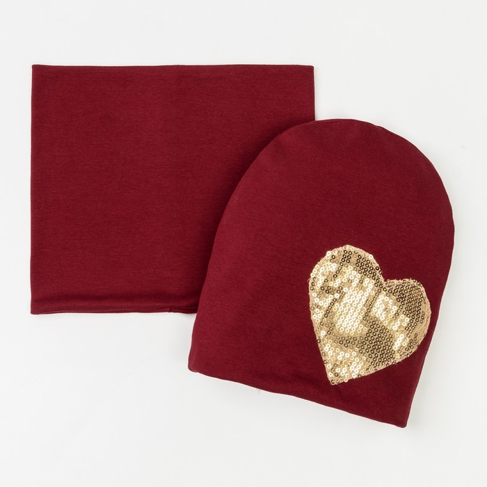 Набор шапка/снуд с сердцем из пайеток, бордо, р-р 54/58 см
