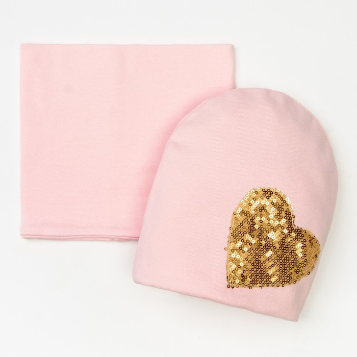Набор шапка/снуд с сердцем из пайеток, св.розовый, р-р 54/58 см