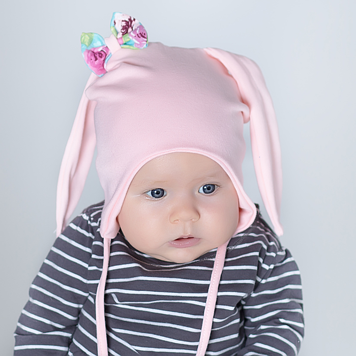 Шапка Зайчик с бантиком и завязками, розовый, р-р 40-44 см