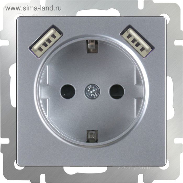 Розетка с заземлением, шторками и USBх2 WL06-SKGS-USBx2-IP20, цвет серебряный