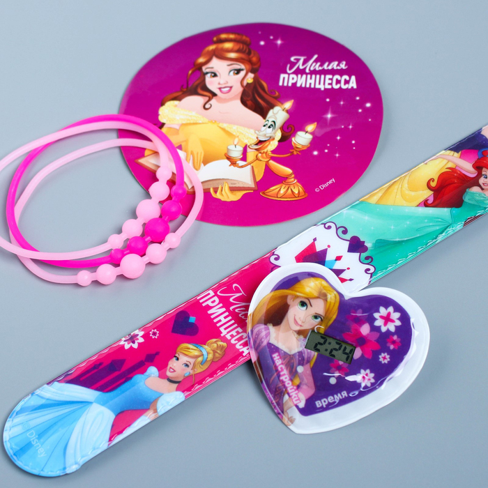 Подарочный набор "Милая принцесса" часы + наклейки + браслеты, Принцессы, 22,5 х 4,5 см