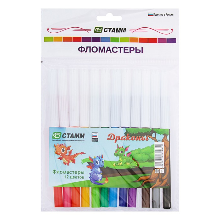 Фломастеры 12 цветов "Драконы", вентилируемый колпачок, длинна линии письма 200м, толщина 1мм, европодвес