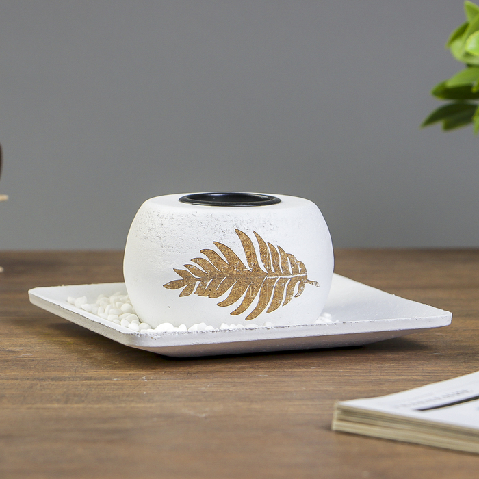 Подсвечник дерево 1 свеча "Золотой пальмовый лист" свеча в комплекте+камушки 6х15,5х15,5см