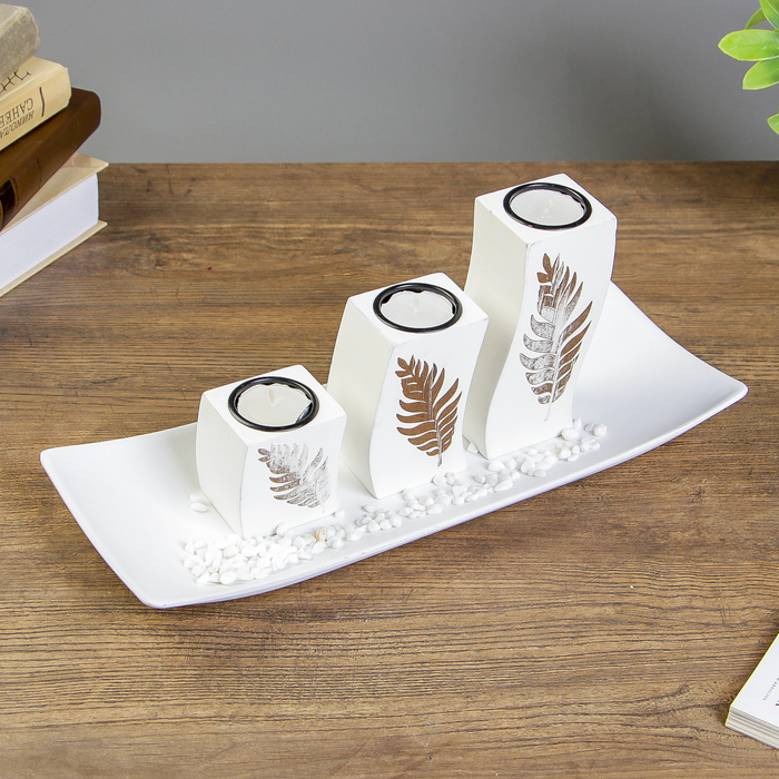 Подсвечник дерево 3 свечи "Золотые пальмовые листья" свеча в компл+камушки 14,5х34,5х10,5см