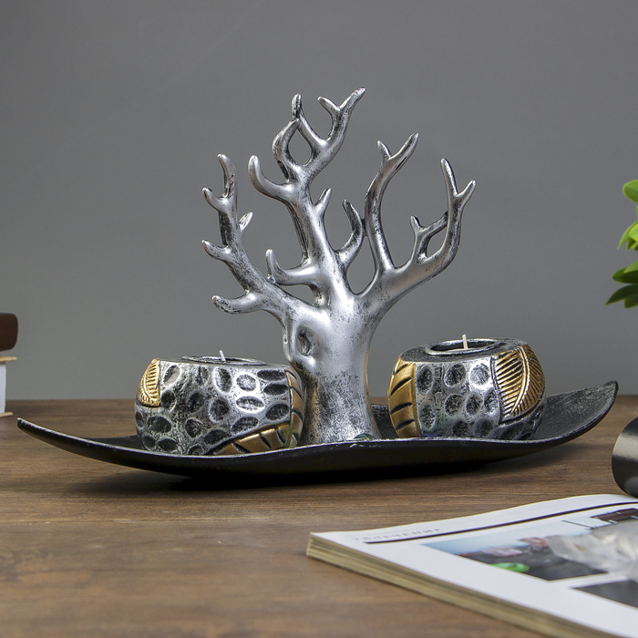 Подсвечник дерево 2 свечи "Листья. Деревце" свеча в комплекте+камушки 23х38х16 см