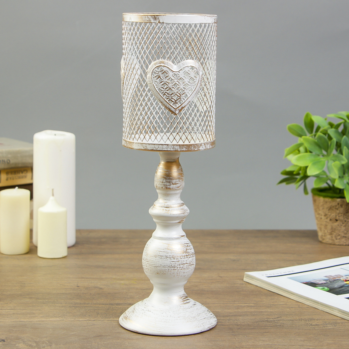 Подсвечник металл 1 свеча "Сердце на сетке" золотая патина 33,5х10,5х10,5 см