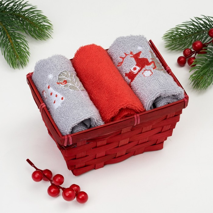 Набор полотенец "Зимняя сказка" 30х30 - 3 шт, 100% хл, 340 гр/м2