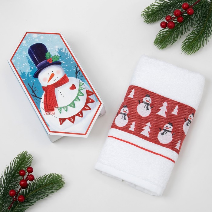 Полотенце махровое "Снеговик" 30х70 см 100% хлопок, 370гр/м2