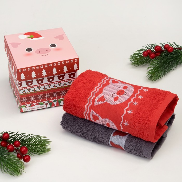 Набор махровых полотенец "Символ года" 30х70 см - 2 шт, 100% хлопок, 370 гр/м2