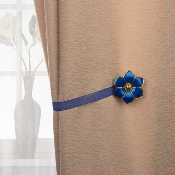 Подхват для штор на ленте "Цветок", d=6см, 1шт, золотая кромка, цвет голубой