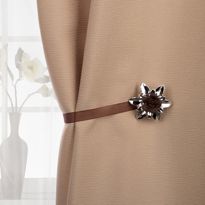 Подхват для штор на ленте "Цветок роза", d=6см, 1шт, цвет кофейный