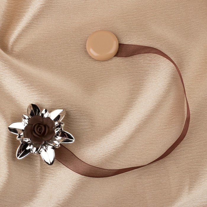 Подхват для штор на ленте "Цветок роза", d=6см, 1шт, цвет кофейный