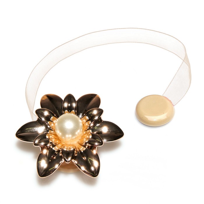 Подхват для штор на ленте "Цветок с жемчужиной", d=6см, 1шт, перламутровый