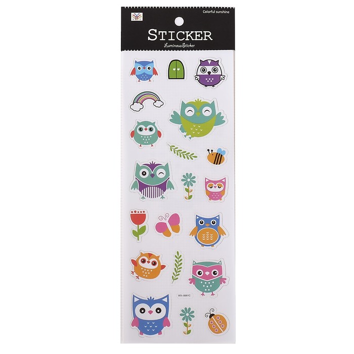 Наклейка пластик фосфорная "Зверята и птички" МИКС 30х10,5 см